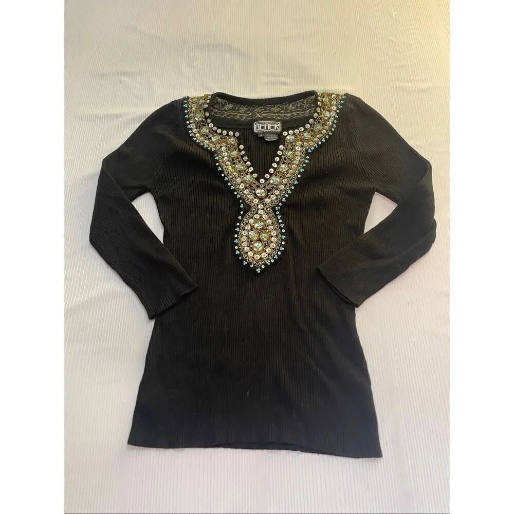 Berek By Takako Sakon Black Embellished Top Sweater Size Small
